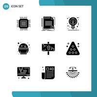 Group of 9 Modern Solid Glyphs Set for day food document pause light Editable Vector Design Elements