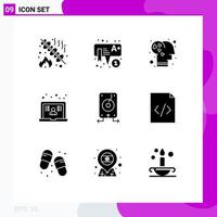 9 Universal Solid Glyphs Set for Web and Mobile Applications data user brain school laptop Editable Vector Design Elements