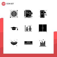 Pack of 9 creative Solid Glyphs of startup finance presentation graduation hat academic Editable Vector Design Elements