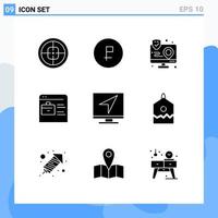 9 Thematic Vector Solid Glyphs and Editable Symbols of job website bag finance map interaction Editable Vector Design Elements