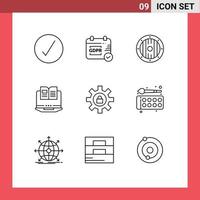 Pack of 9 creative Outlines of lock gear game hardware computer Editable Vector Design Elements