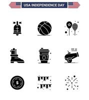 9 paquete de glifos sólidos de estados unidos de signos y símbolos del día de la independencia de bebida globos americanos bota bandera de estados unidos elementos de diseño vectorial editables del día de estados unidos vector