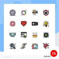 16 Universal Flat Color Filled Lines Set for Web and Mobile Applications lifebuoy help camera shield police Editable Creative Vector Design Elements