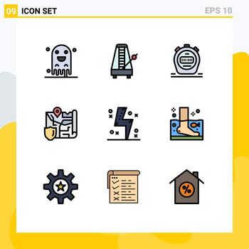 9 User Interface Filledline Flat Color Pack of modern Signs and Symbols of charge security sound location gdpr Editable Vector Design Elements