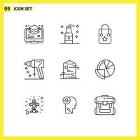 Set of 9 Vector Outlines on Grid for clipboard puncher weapons perforator journey Editable Vector Design Elements