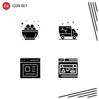 Mobile Interface Solid Glyph Set of 4 Pictograms of bowl truck egg pipe content Editable Vector Design Elements