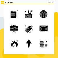 Editable Vector Line Pack of 9 Simple Solid Glyphs of professional camera handycam time camcorder kiwi Editable Vector Design Elements