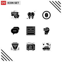 Modern Set of 9 Solid Glyphs Pictograph of messages chat light bulb grain drink Editable Vector Design Elements