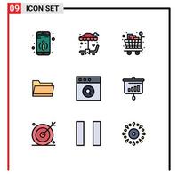 Pack of 9 Modern Filledline Flat Colors Signs and Symbols for Web Print Media such as search app groceries storage open Editable Vector Design Elements