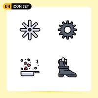 Pack of 4 Modern Filledline Flat Colors Signs and Symbols for Web Print Media such as flower romance cogs cooking boot Editable Vector Design Elements
