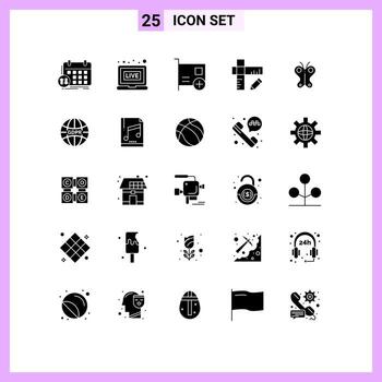 Pack of 25 Modern Solid Glyphs Signs and Symbols for Web Print Media such as butterfly ruler add geometry hardware Editable Vector Design Elements