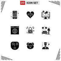 9 Creative Icons Modern Signs and Symbols of url globe heart advertising announcement Editable Vector Design Elements