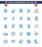 Pack of 25 USA Independence Day Celebration Blues Signs and 4th July Symbols such as camp tent free hat soda beverage Editable USA Day Vector Design Elements