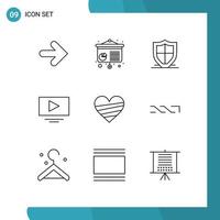 9 User Interface Outline Pack of modern Signs and Symbols of like heart protection youtube video Editable Vector Design Elements