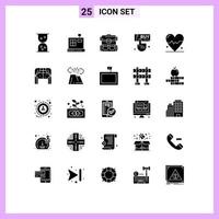 Modern Set of 25 Solid Glyphs Pictograph of home science hiking heart hand Editable Vector Design Elements