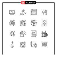 Pictogram Set of 16 Simple Outlines of globe communication web tool construction Editable Vector Design Elements