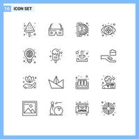 Universal Icon Symbols Group of 16 Modern Outlines of bulb target insert coin investigation crime Editable Vector Design Elements