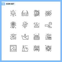 Universal Icon Symbols Group of 16 Modern Outlines of bulb target insert coin investigation crime Editable Vector Design Elements