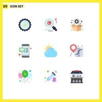 9 Thematic Vector Flat Colors and Editable Symbols of shinning cloud gear mobile email Editable Vector Design Elements