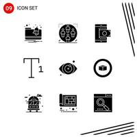 Solid Glyph Pack of 9 Universal Symbols of eye test medical mobile superscript smartphone Editable Vector Design Elements