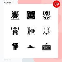 Universal Icon Symbols Group of 9 Modern Solid Glyphs of plumbing mechanical art toy robot Editable Vector Design Elements