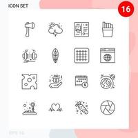 Group of 16 Outlines Signs and Symbols for weight dumbbell sun fries vacation Editable Vector Design Elements