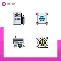 Modern Set of 4 Filledline Flat Colors Pictograph of book card pencil world plus Editable Vector Design Elements