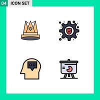4 User Interface Filledline Flat Color Pack of modern Signs and Symbols of crown head first lock thought Editable Vector Design Elements