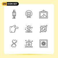 Universal Icon Symbols Group of 9 Modern Outlines of woman doctor transport right finger Editable Vector Design Elements