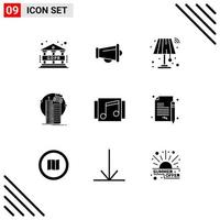 Universal Icon Symbols Group of 9 Modern Solid Glyphs of media corporation lamp satellite smart city Editable Vector Design Elements