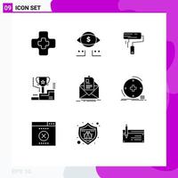 Mobile Interface Solid Glyph Set of 9 Pictograms of mail trophy paint winner award Editable Vector Design Elements