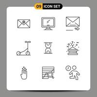 9 User Interface Outline Pack of modern Signs and Symbols of loading glass email transport scooter Editable Vector Design Elements
