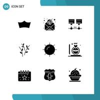 Pack of 9 Modern Solid Glyphs Signs and Symbols for Web Print Media such as ring sun network nature easter Editable Vector Design Elements