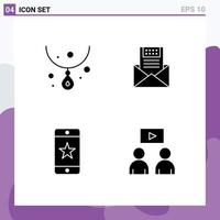 Mobile Interface Solid Glyph Set of 4 Pictograms of diamond letter necklace e message Editable Vector Design Elements