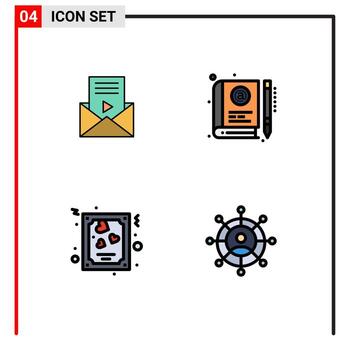 conjunto de color plano de línea de relleno de interfaz móvil de 4 pictogramas de reproductor de video de aprendizaje de correo e elementos de diseño de vector editables de corazón