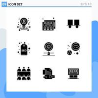 Universal Icon Symbols Group of 9 Modern Solid Glyphs of find content forklift tag seo Editable Vector Design Elements