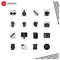 Pack of 16 Modern Solid Glyphs Signs and Symbols for Web Print Media such as drink tea service hot tea Editable Vector Design Elements