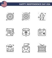 USA Happy Independence DayPictogram Set of 9 Simple Lines of security shield flower american receipt Editable USA Day Vector Design Elements