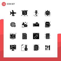 Modern Set of 16 Solid Glyphs Pictograph of globe statistics flower settings gear Editable Vector Design Elements