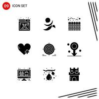 Editable Vector Line Pack of 9 Simple Solid Glyphs of darts target estate heart add Editable Vector Design Elements