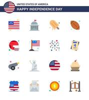 Happy Independence Day 4th July Set of 16 Flats American Pictograph of football american ball icecream sports ball Editable USA Day Vector Design Elements