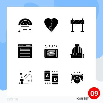 9 User Interface Solid Glyph Pack of modern Signs and Symbols of panel access barrier website plus Editable Vector Design Elements