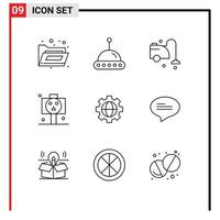 Mobile Interface Outline Set of 9 Pictograms of chat setting cleaning gear horror Editable Vector Design Elements