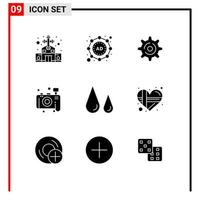 User Interface Pack of 9 Basic Solid Glyphs of present lab gear blood photography Editable Vector Design Elements