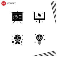 Set of 4 Commercial Solid Glyphs pack for analytics quality badge american goal bulb Editable Vector Design Elements