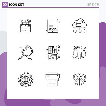 Mobile Interface Outline Set of 9 Pictograms of sweet chocolate bar bite computer praying bead Editable Vector Design Elements