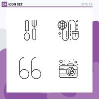 Mobile Interface Line Set of 4 Pictograms of cutlery open restaurant grid camera Editable Vector Design Elements