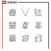 Pack of 9 Modern Outlines Signs and Symbols for Web Print Media such as smart heart interface telephone shop Editable Vector Design Elements