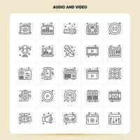 OutLine 25 Audio And Video Icon set Vector Line Style Design Black Icons Set Linear pictogram pack Web and Mobile Business ideas design Vector Illustration