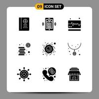 9 User Interface Solid Glyph Pack of modern Signs and Symbols of fashion planet pulse black hole investment Editable Vector Design Elements